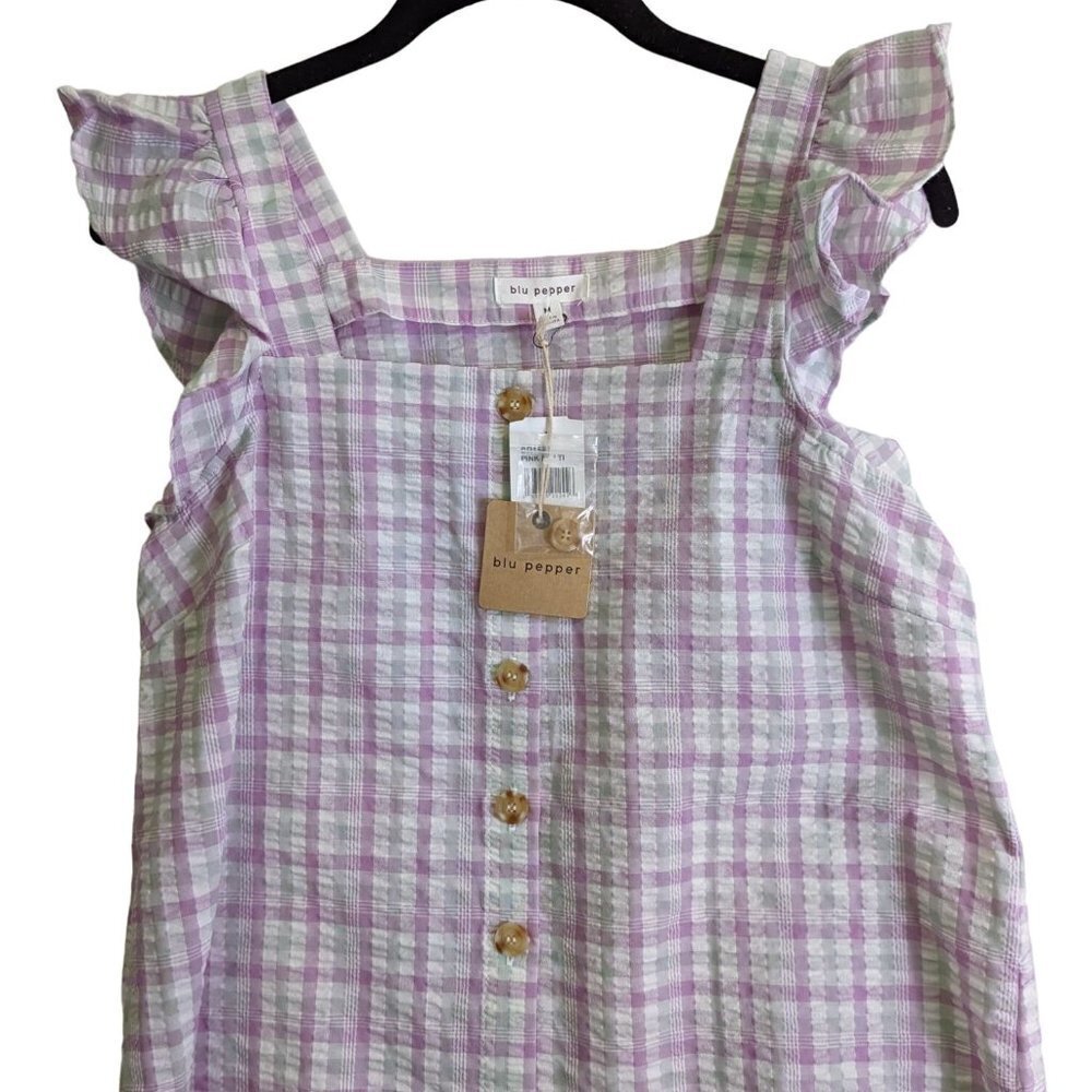 BLU PEPPER Womens size M Lilac Plaid Ruffle Sleeve Button Up Top NEW